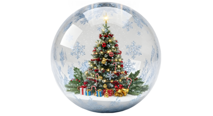 A festive snow globe featuring a beautifully decorated christmas tree with colorful ornaments and presents at its base, surrounded by falling snowflakes, isolated on transparent background