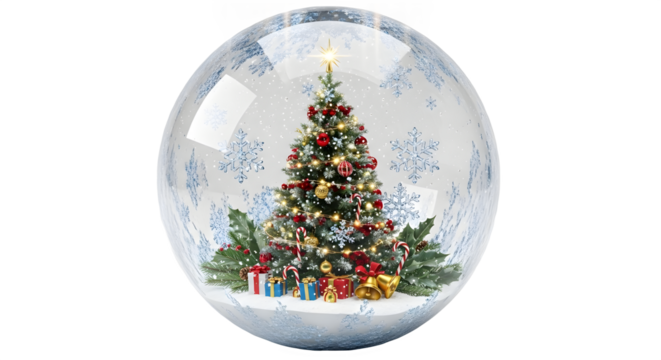 A festive snow globe featuring a beautifully decorated christmas tree with colorful ornaments and presents at its base, surrounded by falling snowflakes, isolated on transparent background