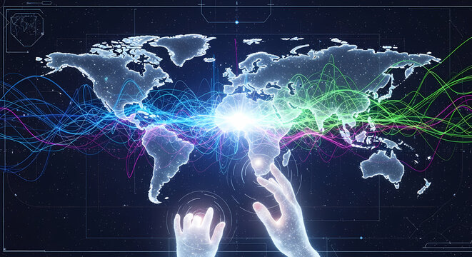 Global network connecting the world with hands holding it in the dark
