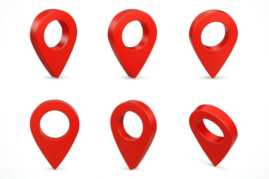 Collection of six red glossy map location pins or markers on a clean white background in various perspectives