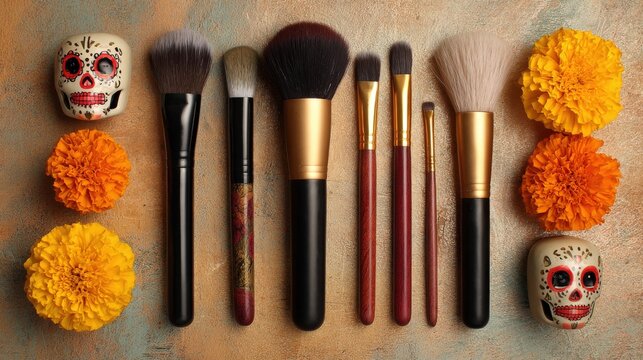 Collection of cosmetic application implements arranged alongside festive decorative elements on a textured surface