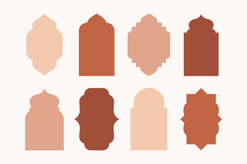 Islamic windows and arches. Abstract arabic mosque frames with traditional ornamental architectural design, oriental minimal doors dome and lanterns boho modern style. Vector set