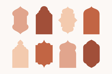 Arabic windows and arches. Modern islamic mosque frames with arabian traditional architectural elements dome and lanterns, minimalist boho doors. Vector set