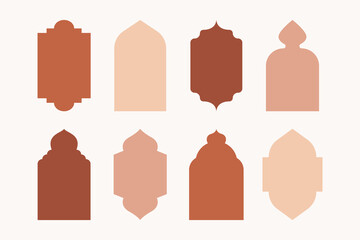 Islam windows and arches. Arabic mosque frames with traditional islamic patterns, muslim dome and lanterns boho minimalist contemporary design. Vector set