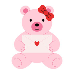 Cute teddy bear. Valentines day sticker, cartoon plush bear animal holding love letter with heart, romantic holiday toy for St. Valentine day greeting card. Vector illustration