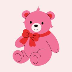 Cute teddy bear. Valentines day love sticker, cartoon plush bear animal in red bow, romantic holiday toy for St. Valentine day greeting card. Vector illustration