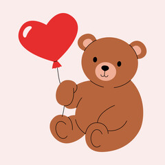 Cute teddy bear. Valentines day sticker, cartoon plush bear animal holding heart shape balloon, romantic love holiday toy for St. Valentine day greeting card. Vector illustration
