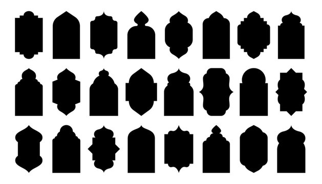 Arabic label frames. Modern islamic mosque dome and lanterns, monochrome blank arch stickers, traditional ornamental minimalist windows and simple border emblems. Vector set