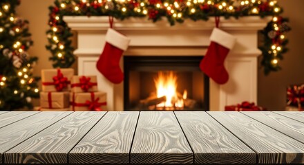 Fototapeta premium Cozy christmas fireplace with stockings, gifts, and tree, empty table