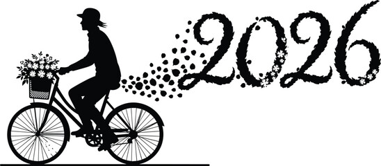 Obraz premium Silhouette of cyclist riding bike with flower basket, trailing leaves forming 2026 text, black and white vector illustration for new year.