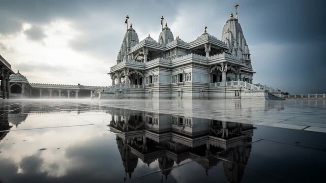 Low Angle View of Prem Mandir Vrindavan &ndash; Majestic Drone Perspective of Divine Marble Temple