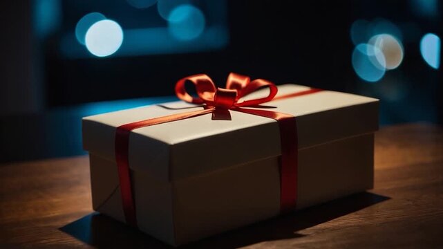 Video A white box with a red ribbon placed on a table, often used as a decorative item or gift wrap