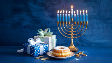 Hanukkah celebration with menorah gifts and a sufganiyot donut on a blue textured background