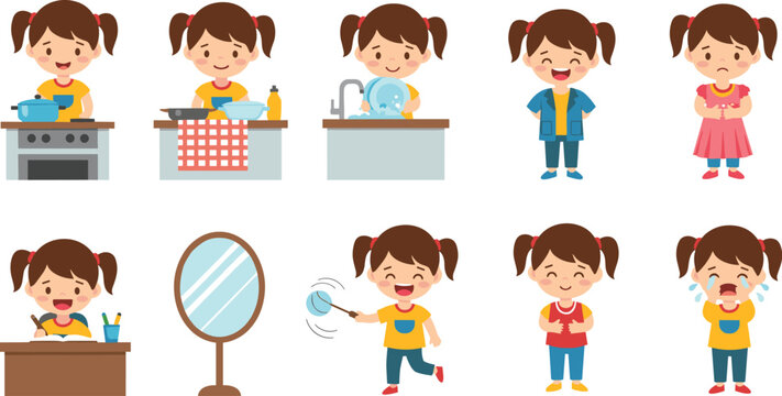 Cartoon girl activity and emotion set, cooking, cleaning, writing, playing, crying, smiling, daily routine, expressive character, colorful illustration