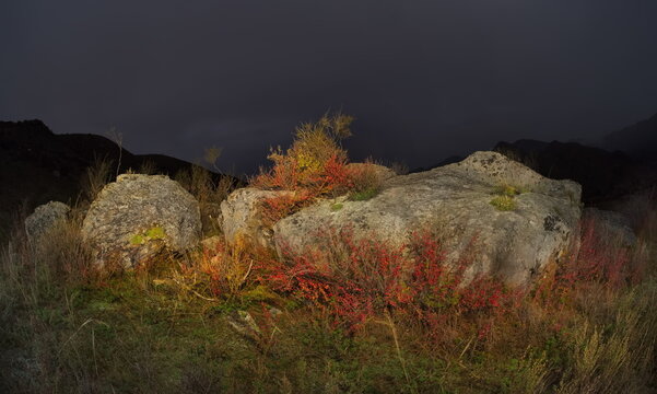Russia. The South of Western Siberia, the Altai Mountains. Stone placers on an autumn moonlit night in the valley of the Katun mountain river near the village of Inya.