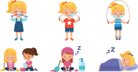 Cartoon girl daily routine set, hygiene, exercise, playtime, sleep, brushing teeth, jumping rope, toy tea set, bedtime illustration