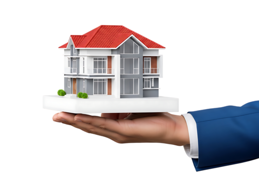 Hand holds a modern home model, real estate investment concept isolated on transparent background - Powered by Adobe