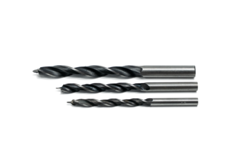 Set of three twist drill bits in different sizes, PNG on transparent background. Isolated metal tools for drilling, carpentry, and DIY.