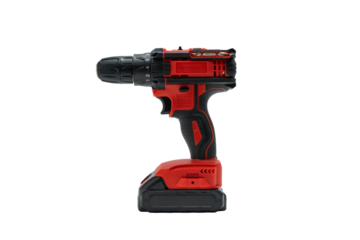 Red and black cordless drill isolated as PNG with transparent background. Side view of a compact rechargeable power tool.