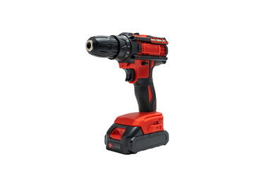Cordless drill driver front view, PNG on transparent background. Compact electric tool with keyless chuck and battery base.