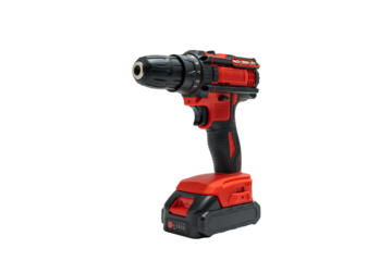 Cordless drill driver front view, PNG on transparent background. Compact electric tool with keyless chuck and battery base.