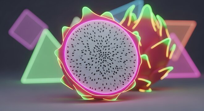 Vibrant dragon fruit still life with neon geometric shapes background - Powered by Adobe
