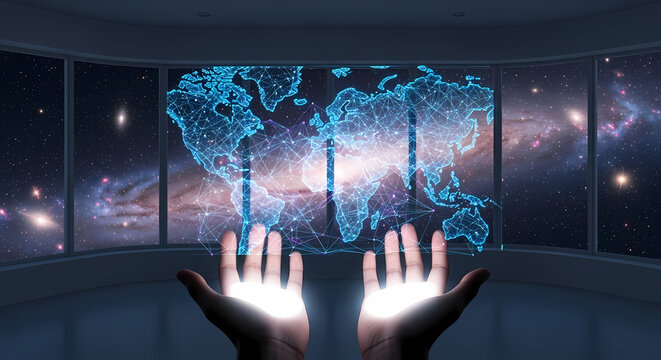 Hands holding a digital world map with galaxy background in a dark room