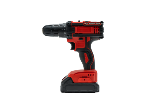 Red and black cordless drill isolated as PNG with transparent background. Side view of a compact rechargeable power tool.