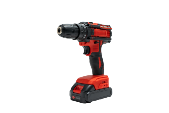 Cordless drill driver front view, PNG on transparent background. Compact electric tool with keyless chuck and battery base. - Powered by Adobe