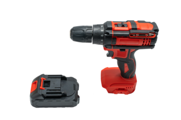 Cordless drill with detachable battery pack, PNG on transparent background. Power tool set layout for repair, assembly, and DIY.