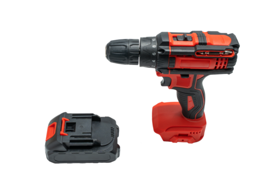 Cordless drill with detachable battery pack, PNG on transparent background. Power tool set layout for repair, assembly, and DIY.