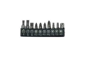 A set of screwdriver bits in a holder, PNG with a transparent background. Various attachments and tool adapters.