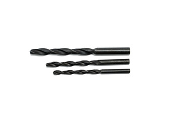 Three twist drill bits in assorted sizes, PNG with transparent background. Isolated metal tools for...