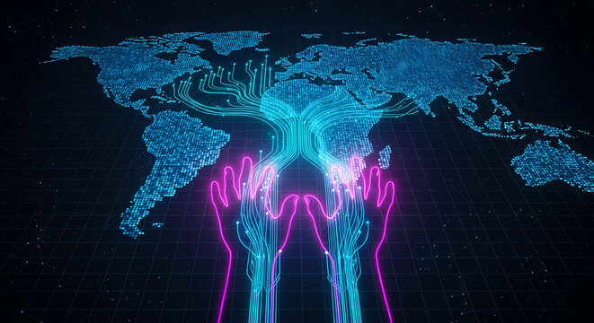 Hands holding a digital world map with glowing lights and connections
