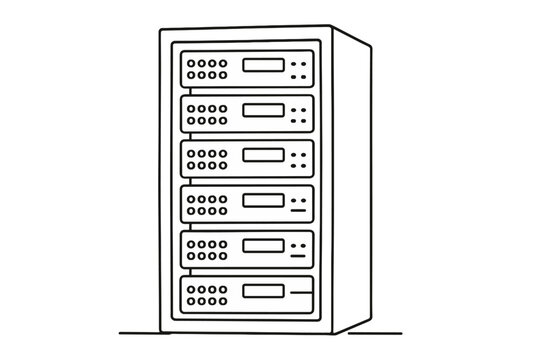 Outline of a server rack with multiple network devices and control panels