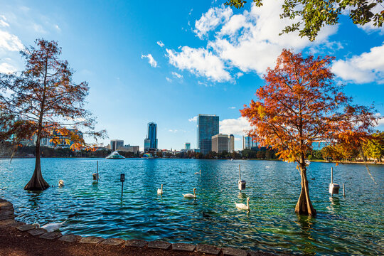 Amazing view of Orlando skyline in Florida and reflection in Lake Eola.
