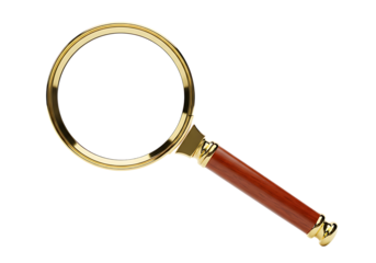 Golden magnifying glass with wooden handle for precise detailed view. isolated on transparent background