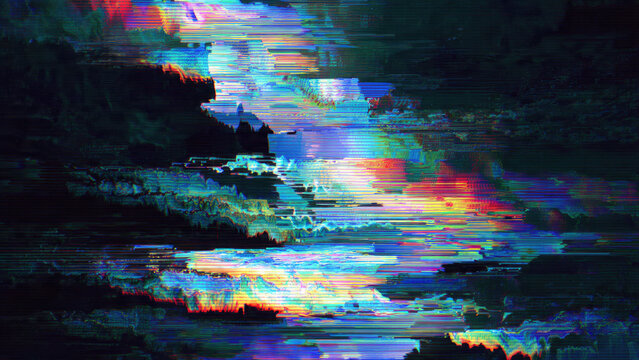 Vibrant pixel art showcasing a glitch-effect waterfall or river, flowing with rainbow colors through a dark, abstract, mountainous landscape. - Powered by Adobe