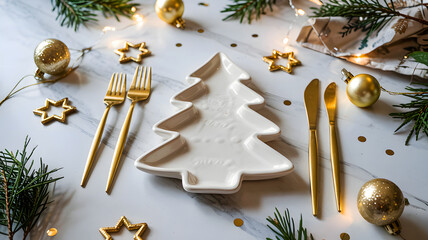 Christmas table setting with tree plate golden cutlery ornaments and pine branches on marble surface