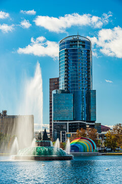 Amazing view of Orlando skyline in Florida and reflection in Lake Eola.