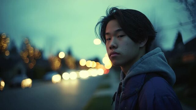 front view, in the style of cinematic, a young man, teen around 18 years old, film still, asian