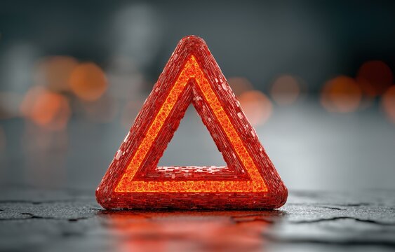 A bright red triangular warning sign stands out, indicating danger, amidst a blurred background