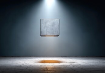 A floating concrete cube lights up a dark room, providing a striking visual and ample space