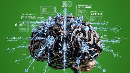 Futuristic digital brain with glowing neural network connections and data processing interfaces symbolizing artificial intelligence machine learning and advanced cognitive functions in a technologica. - Powered by Adobe