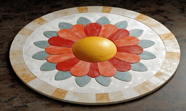 A vibrant rangoli with a yellow center and floral patterns, ideal for festive occasions