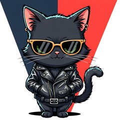 Cartoon black cat sporting sunglasses and a leather jacket, embodying a cool, edgy personality.