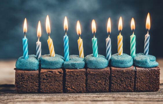 Delicious birthday cake adorned with lit candles radiating warmth against a dark background
