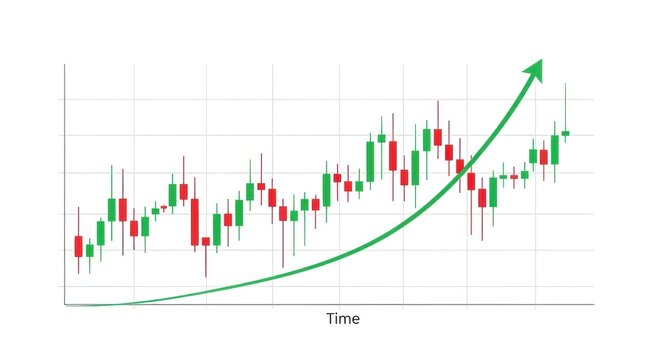Stock market chart showing an upward trend with green arrow indicating growth and positive financial performance