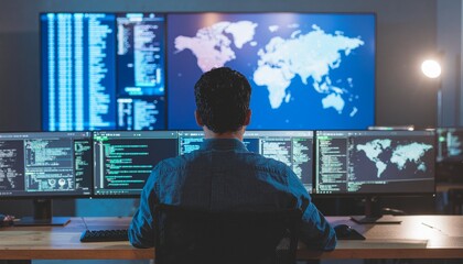 Cybersecurity Professional at Work: A skilled cybersecurity professional intently monitors an array of computer screens displaying complex data and world maps.