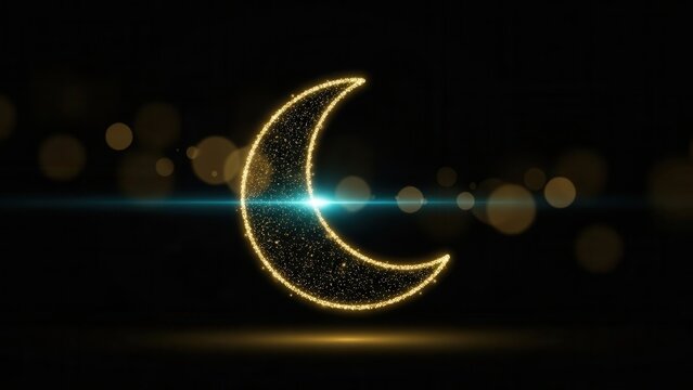 Golden crescent moon illustration glowing particles and lens flare on a dark background perfect for Ramadan or Eid celebrations